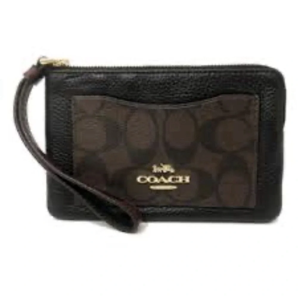 COACH Corner Zip Wristlet in Signature Coated Canvas Logo‎ Brown/Black